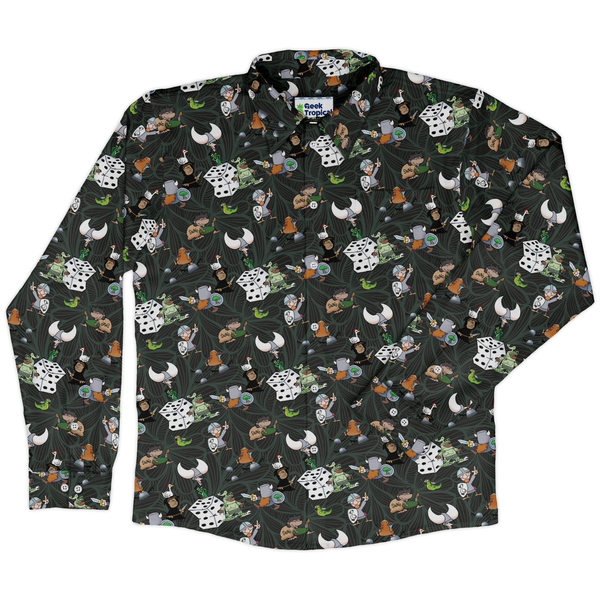 Munchkin Quirky Treasures Long Sleeve Button Up Shirt Geek Nerd board game print Design by Dunking Toast FLOW DESC WRITING