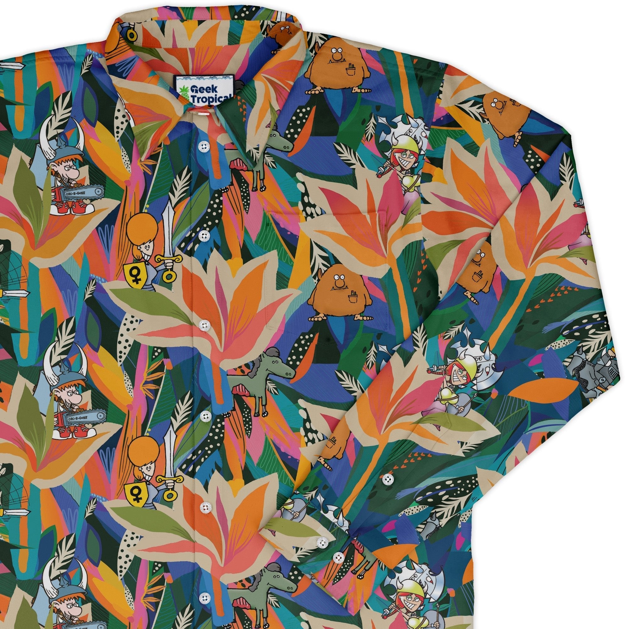 Munchkin Tropical Bird of Paradise Long Sleeve Button Up Shirt Geek Nerd board game print Design by Claire Murphy FLOW DESC WRITING