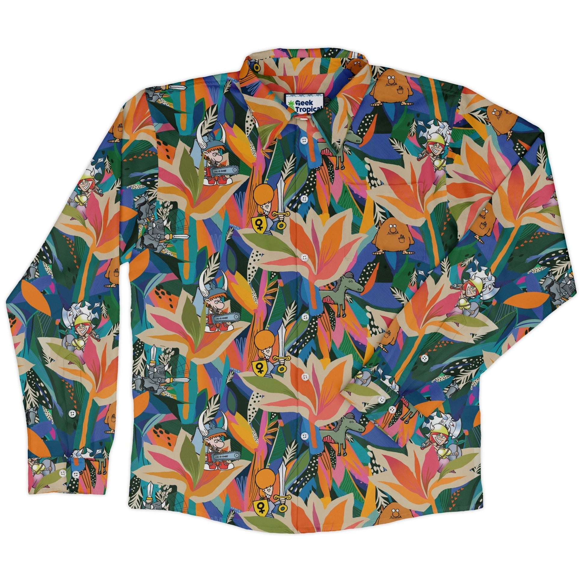 Munchkin Tropical Bird of Paradise Long Sleeve Button Up Shirt Geek Nerd board game print Design by Claire Murphy FLOW DESC WRITING