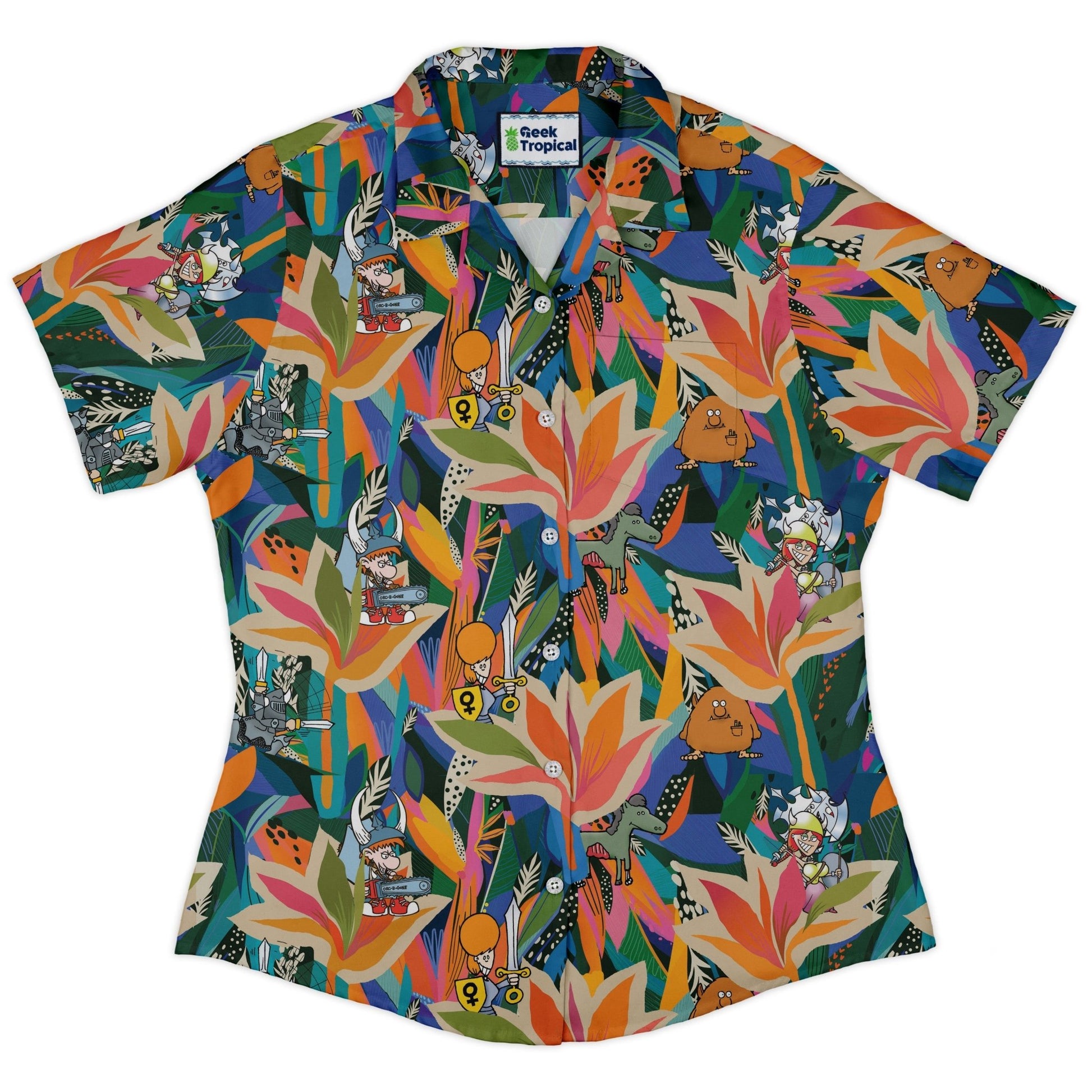 Munchkin Tropical Bird of Paradise Curvy Button Up Shirt Geek Nerd women