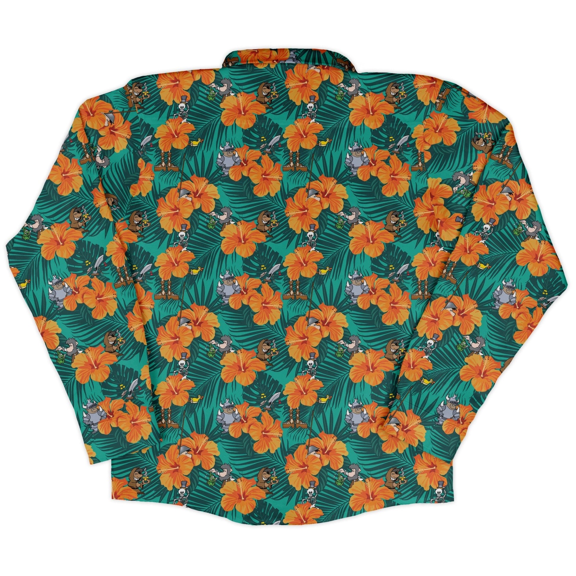 Munchkin Tropical Blossom Long Sleeve Button Up Shirt Geek Nerd board game print Design by Claire Murphy FLOW DESC WRITING