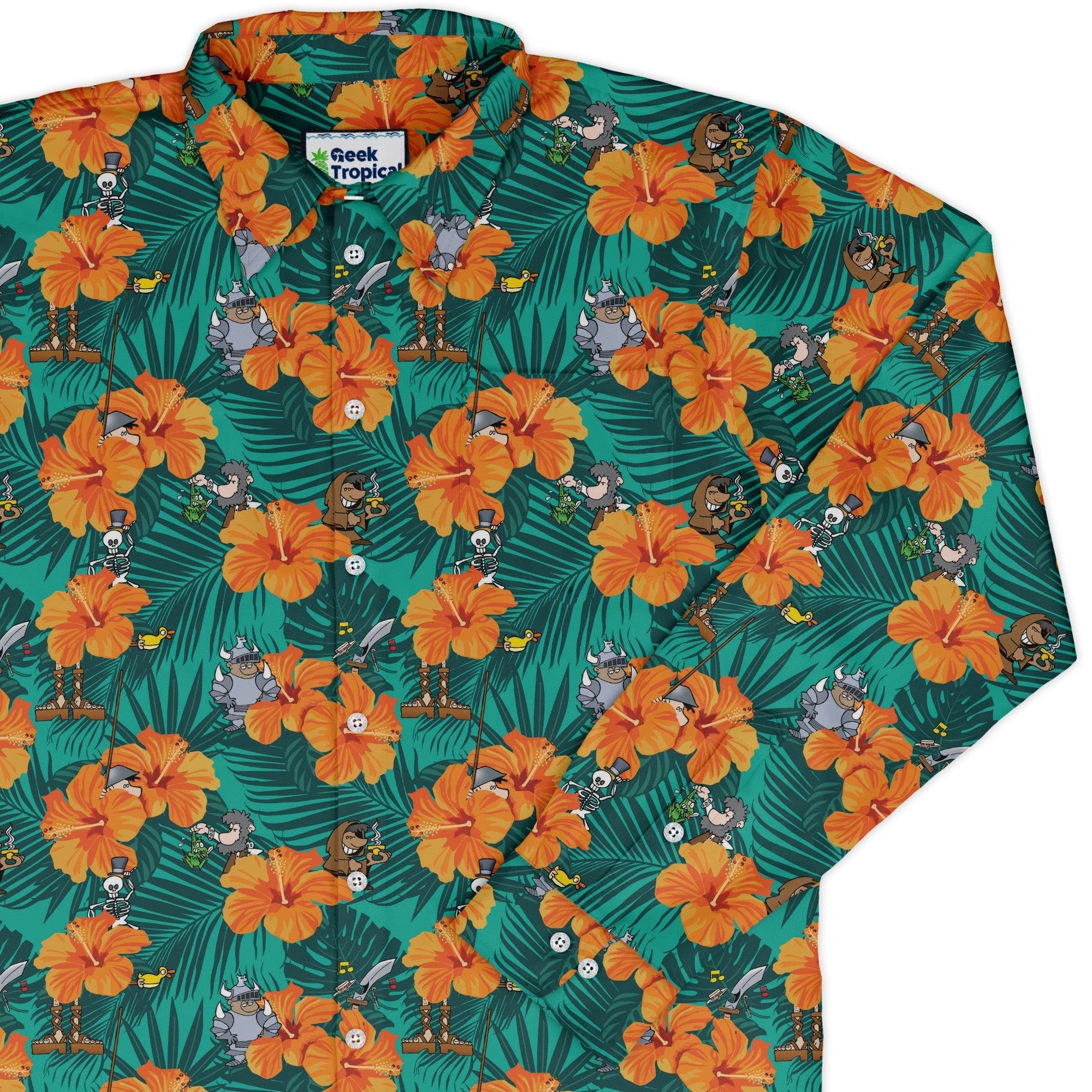Munchkin Tropical Blossom Long Sleeve Button Up Shirt Geek Nerd board game print Design by Claire Murphy FLOW DESC WRITING