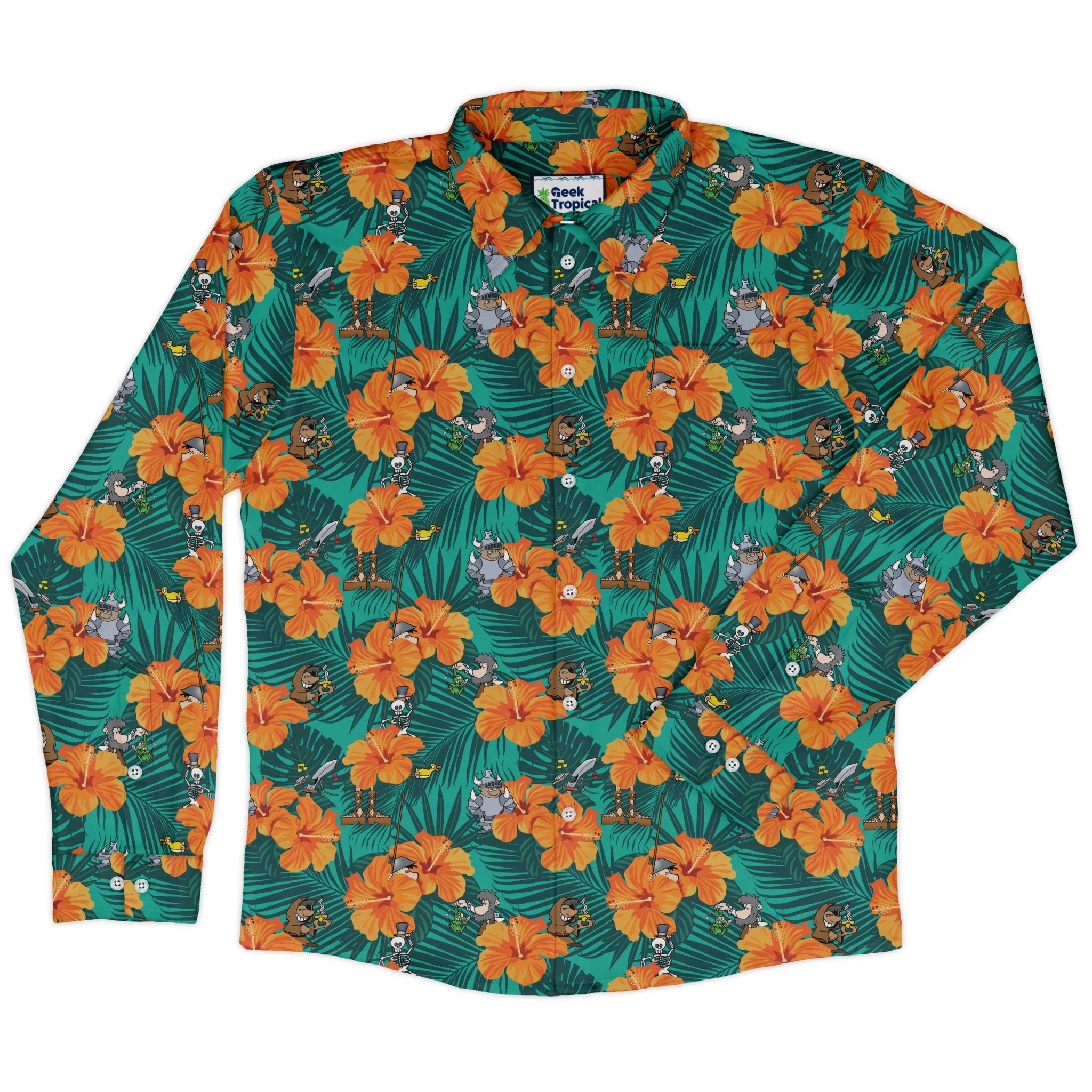 Munchkin Tropical Blossom Long Sleeve Button Up Shirt Geek Nerd board game print Design by Claire Murphy FLOW DESC WRITING