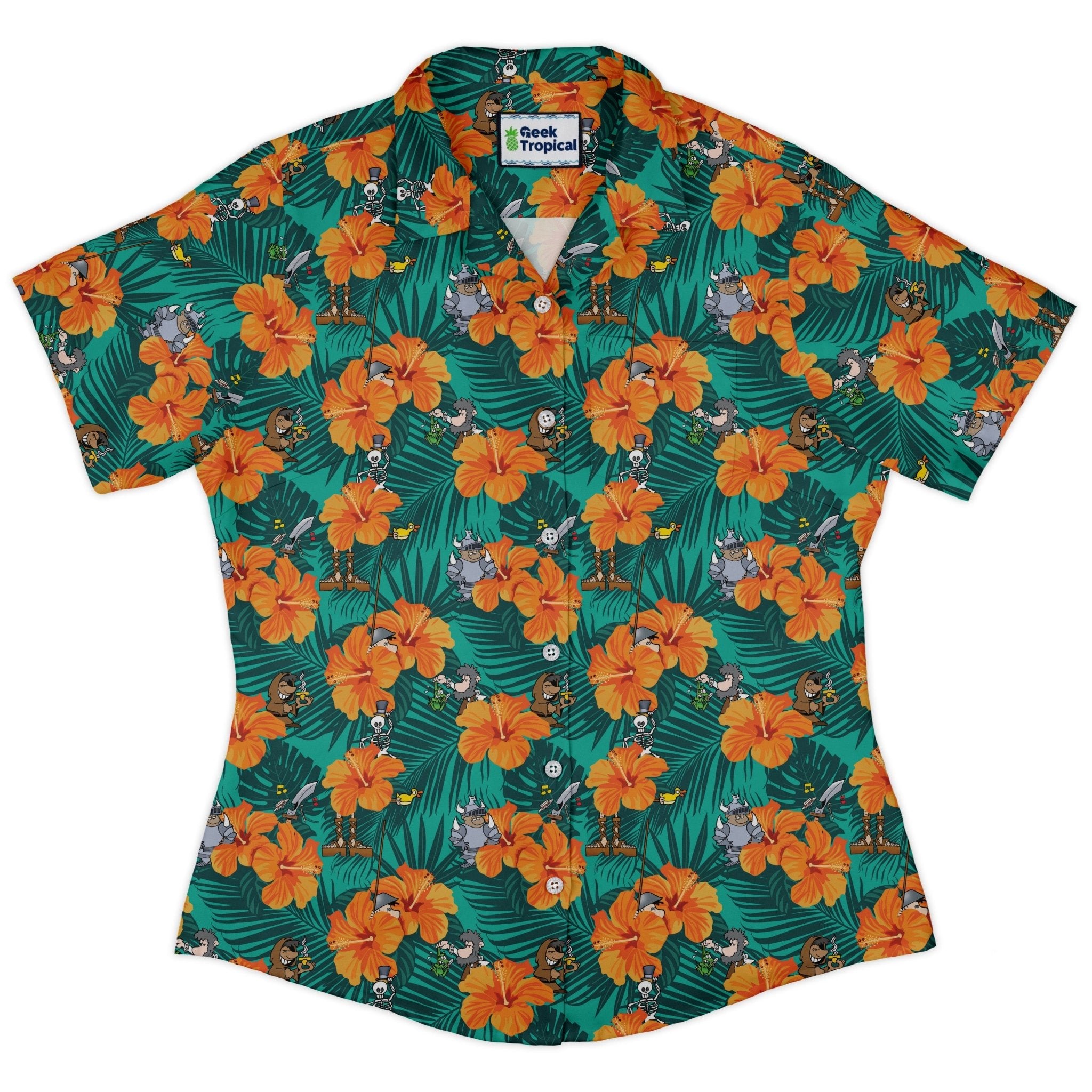 Munchkin Tropical Blossom Curvy Button Up Shirt Geek Nerd women