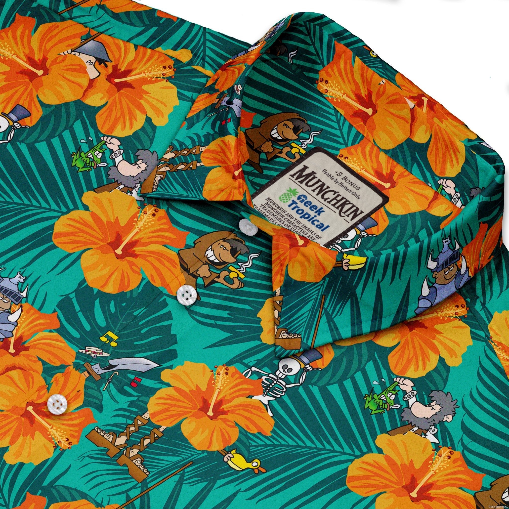 Munchkin Tropical Blossom Button Up Shirt - board game print - Design by Claire Murphy - Munchkin print