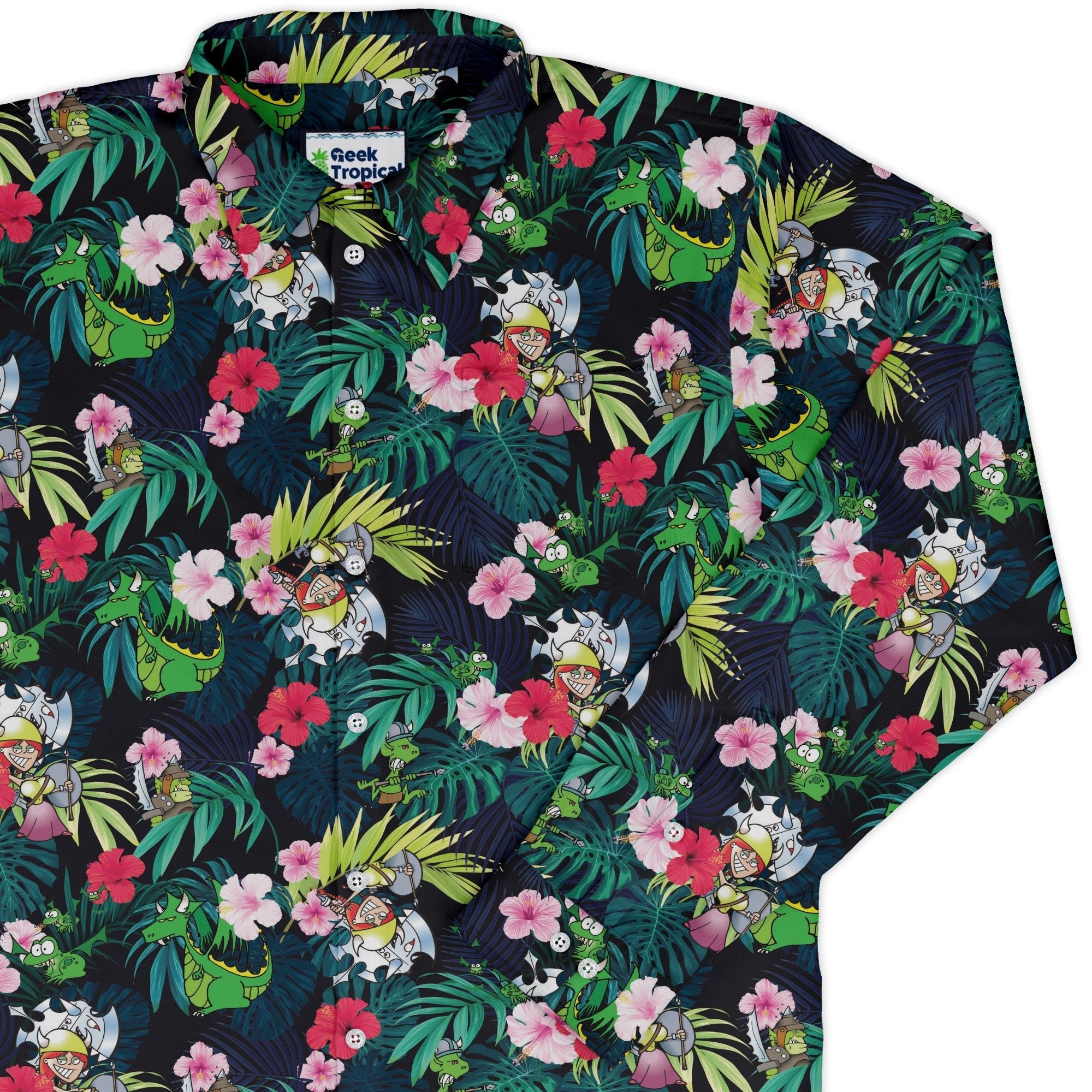 Munchkin Tropical Flower Long Sleeve Button Up Shirt Geek Nerd board game print Design by Claire Murphy FLOW DESC WRITING