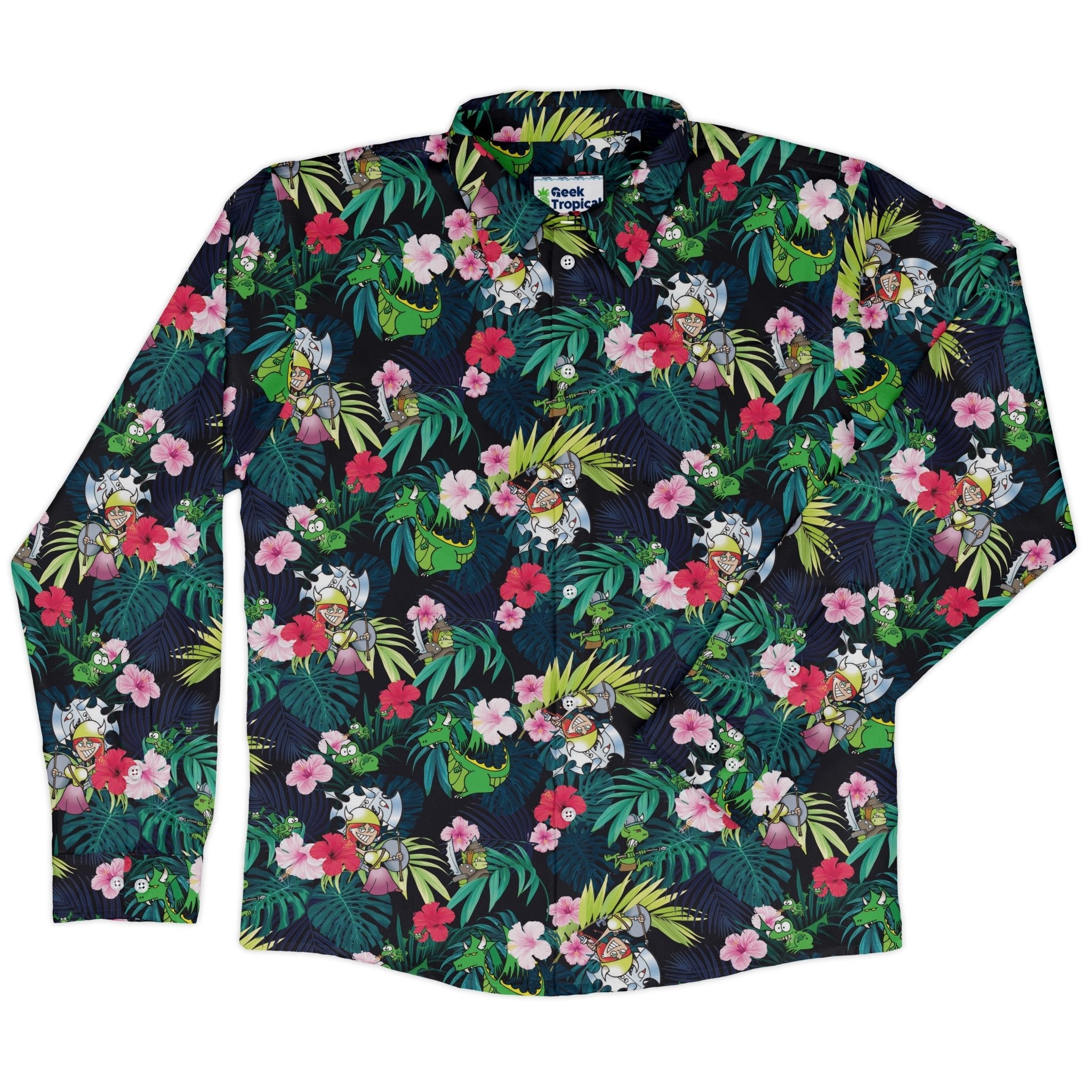 Munchkin Tropical Flower Long Sleeve Button Up Shirt Geek Nerd board game print Design by Claire Murphy FLOW DESC WRITING