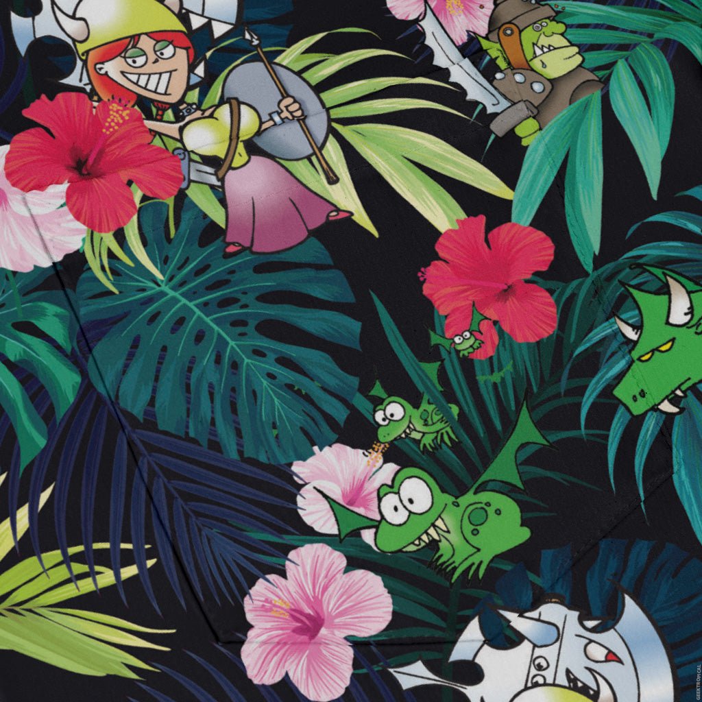 Munchkin Tropical Flower Long Sleeve Button Up Shirt Geek Nerd board game print Design by Claire Murphy FLOW DESC WRITING