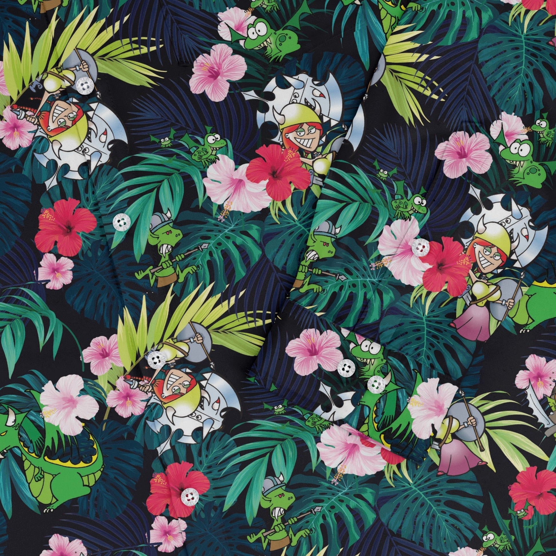 Munchkin Tropical Flower Long Sleeve Button Up Shirt Geek Nerd board game print Design by Claire Murphy FLOW DESC WRITING