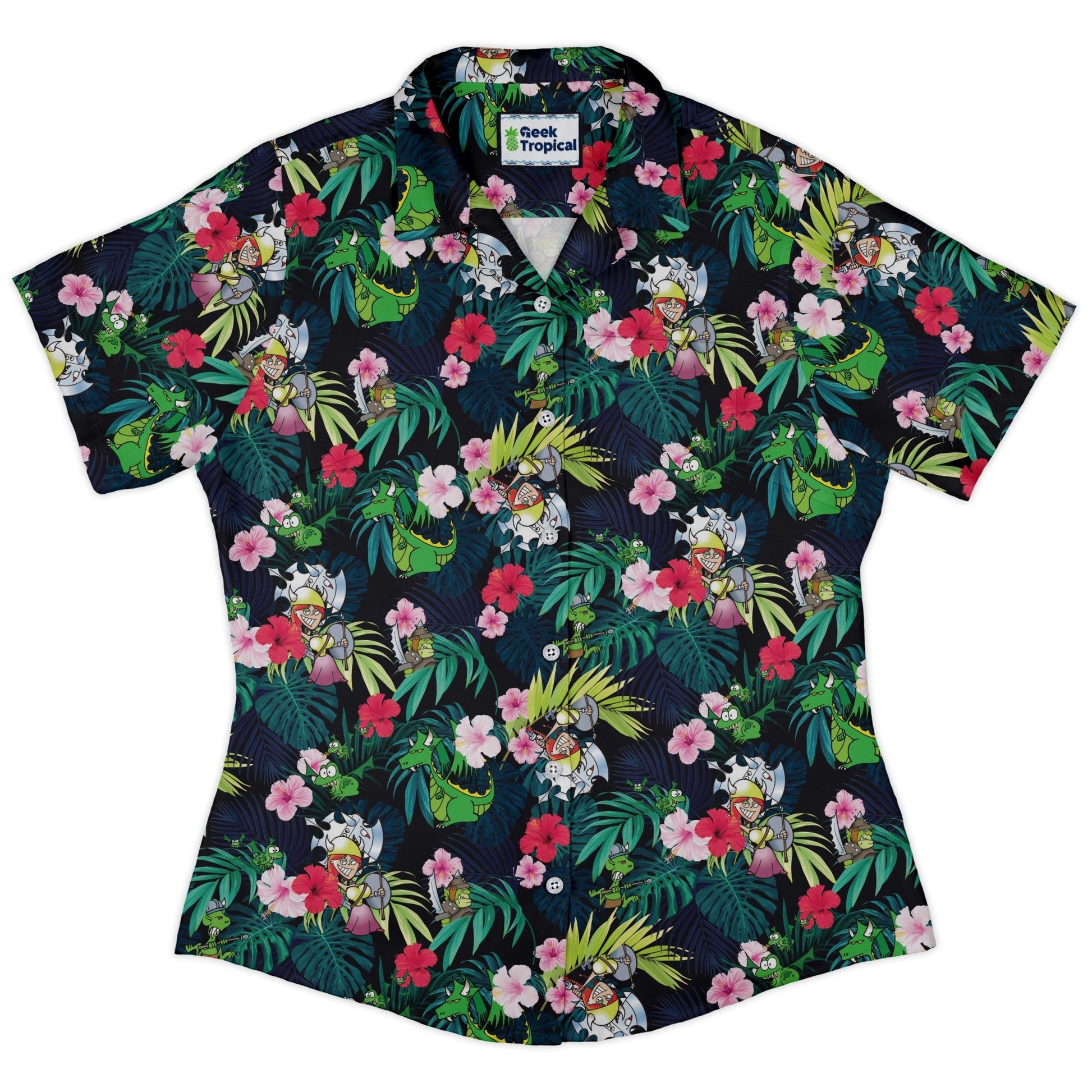 Munchkin Tropical Flower Curvy Button Up Shirt Geek Nerd women