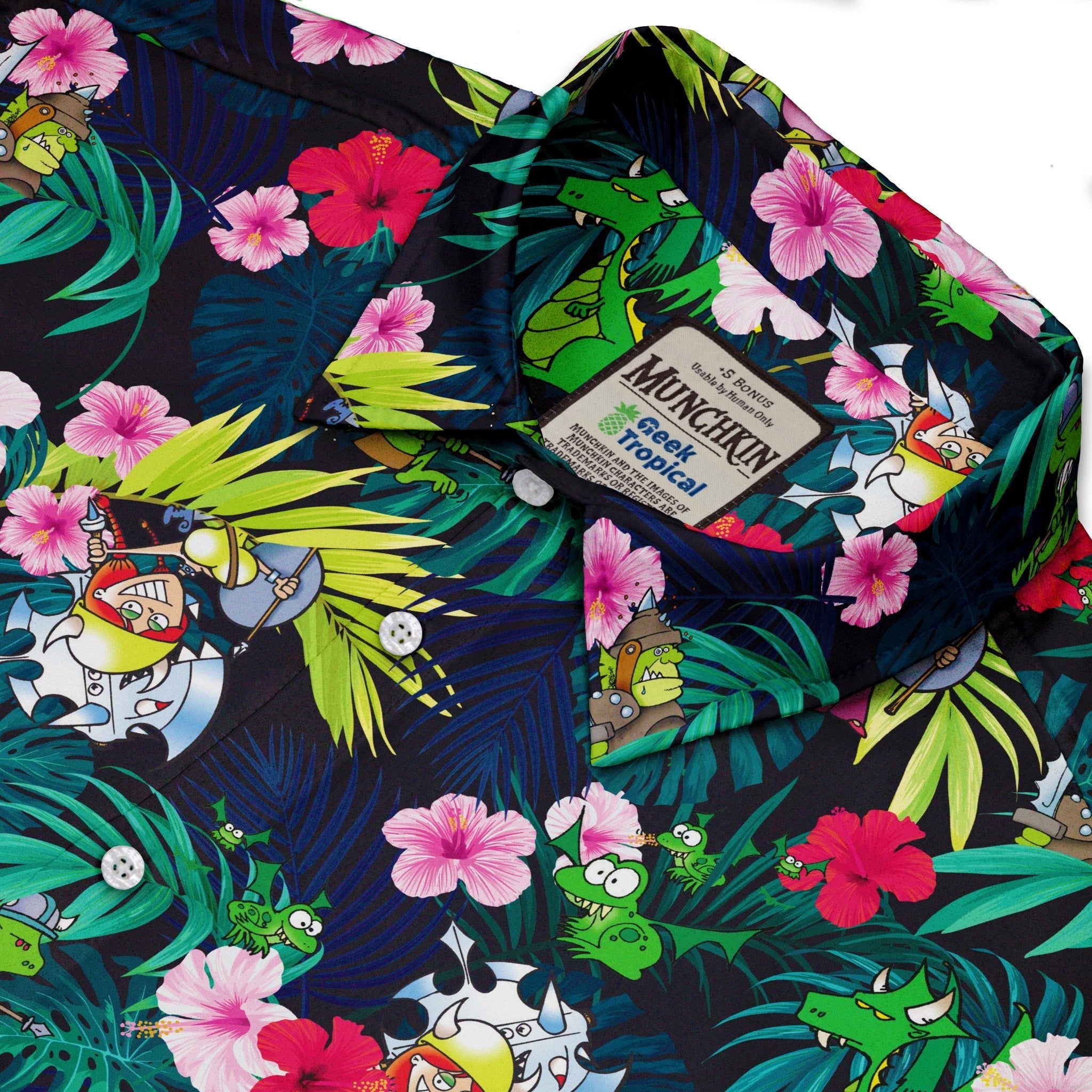 Munchkin Tropical Flower Button Up Shirt - board game print - Design by Claire Murphy - Munchkin print