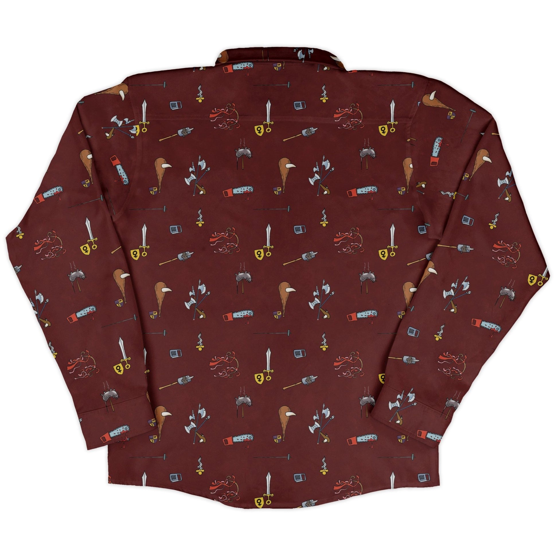 Munchkin Weapons Long Sleeve Button Up Shirt Geek Nerd board game print Designs by Nathan FLOW DESC WRITING
