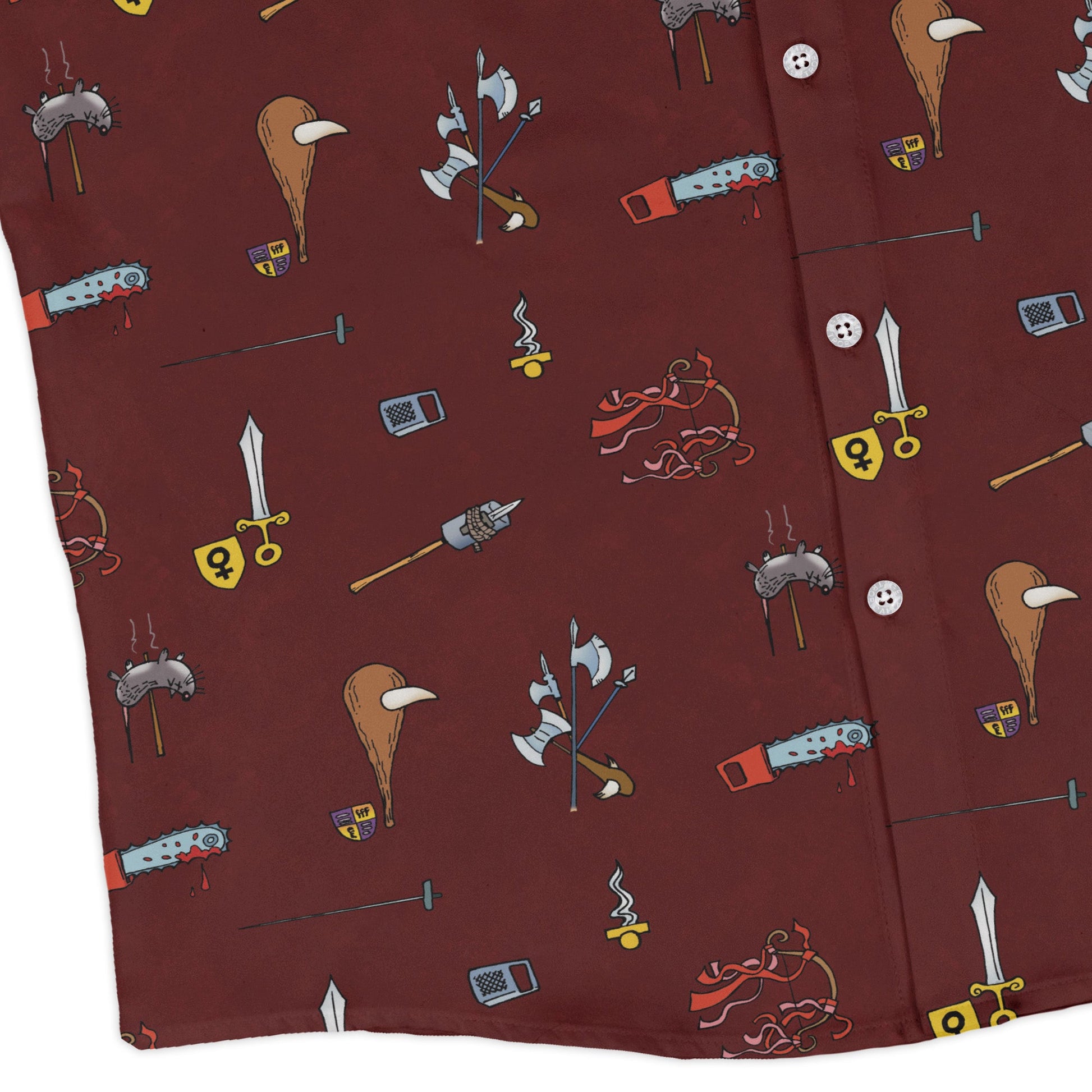 Munchkin Weapons Long Sleeve Button Up Shirt Geek Nerd board game print Designs by Nathan FLOW DESC WRITING