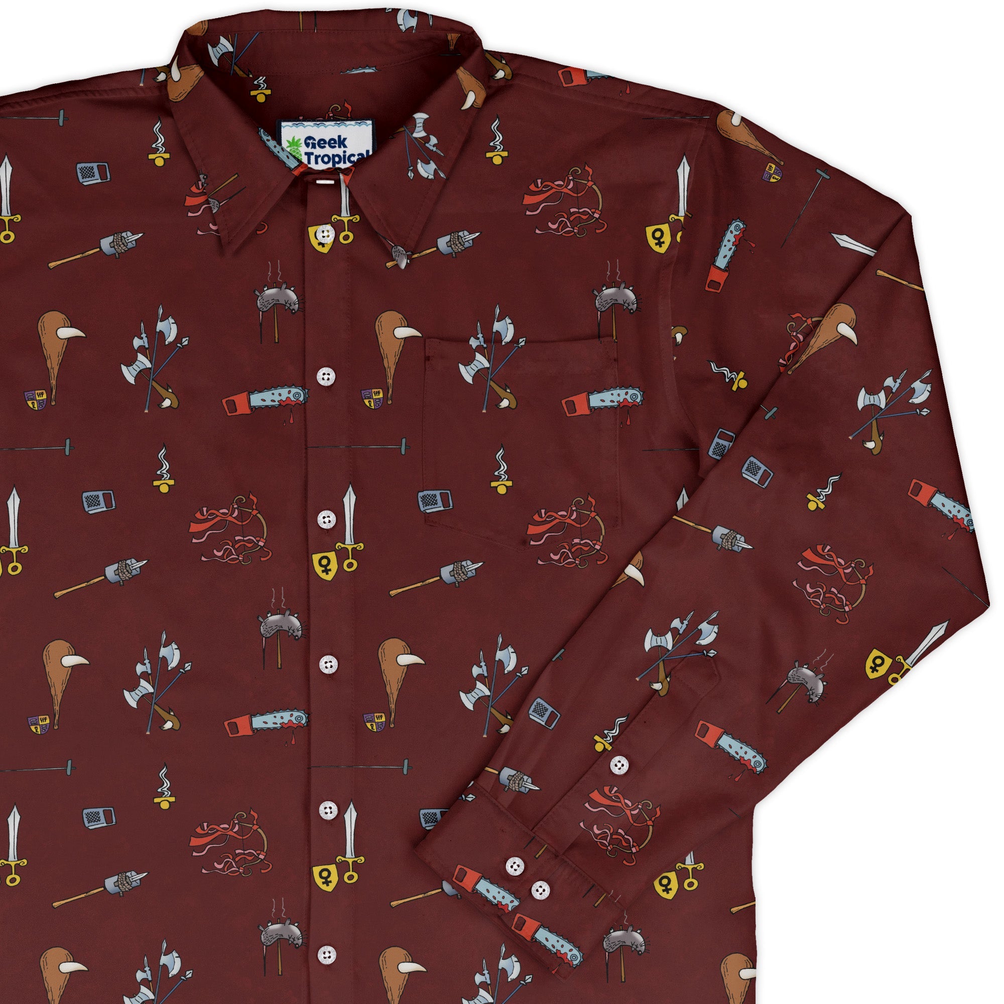 Munchkin Weapons Long Sleeve Button Up Shirt Geek Nerd board game print Designs by Nathan FLOW DESC WRITING
