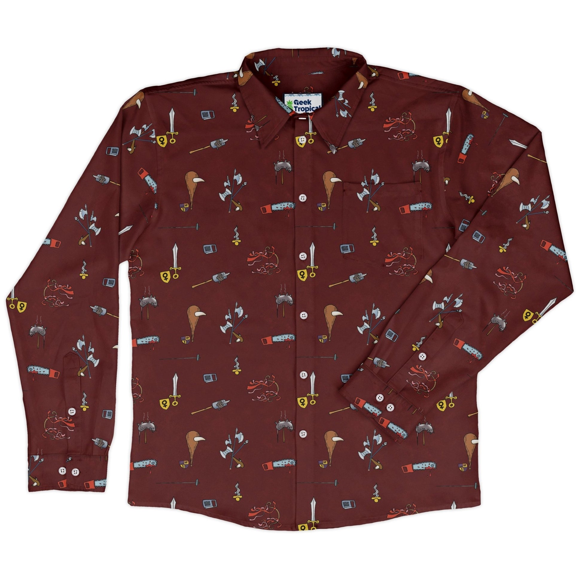 Munchkin Weapons Long Sleeve Button Up Shirt Geek Nerd board game print Designs by Nathan FLOW DESC WRITING