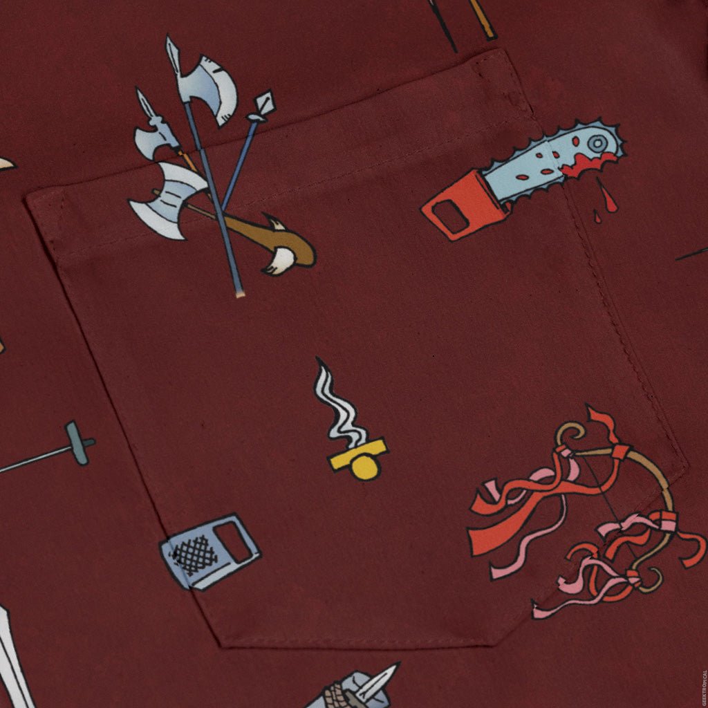 Munchkin Weapons Long Sleeve Button Up Shirt Geek Nerd board game print Designs by Nathan FLOW DESC WRITING