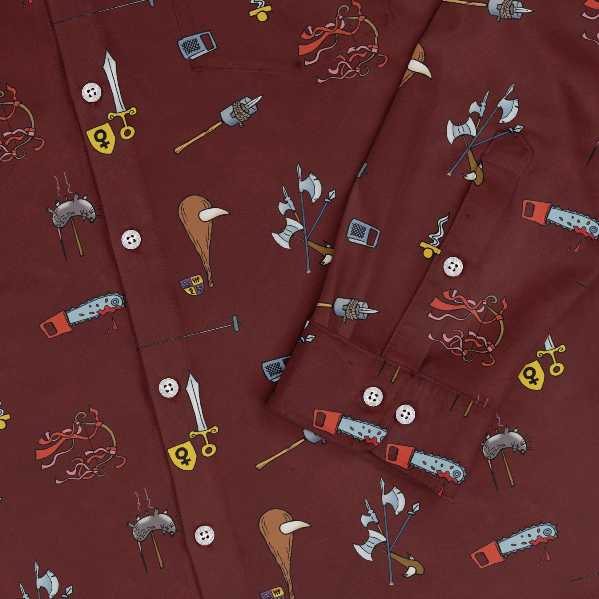 Munchkin Weapons Long Sleeve Button Up Shirt Geek Nerd board game print Designs by Nathan FLOW DESC WRITING