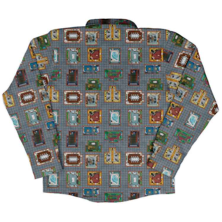 Murder Mystery Board Game Long Sleeve Button Up Shirt Geek Nerd adult sizing board game print Designs by Nathan