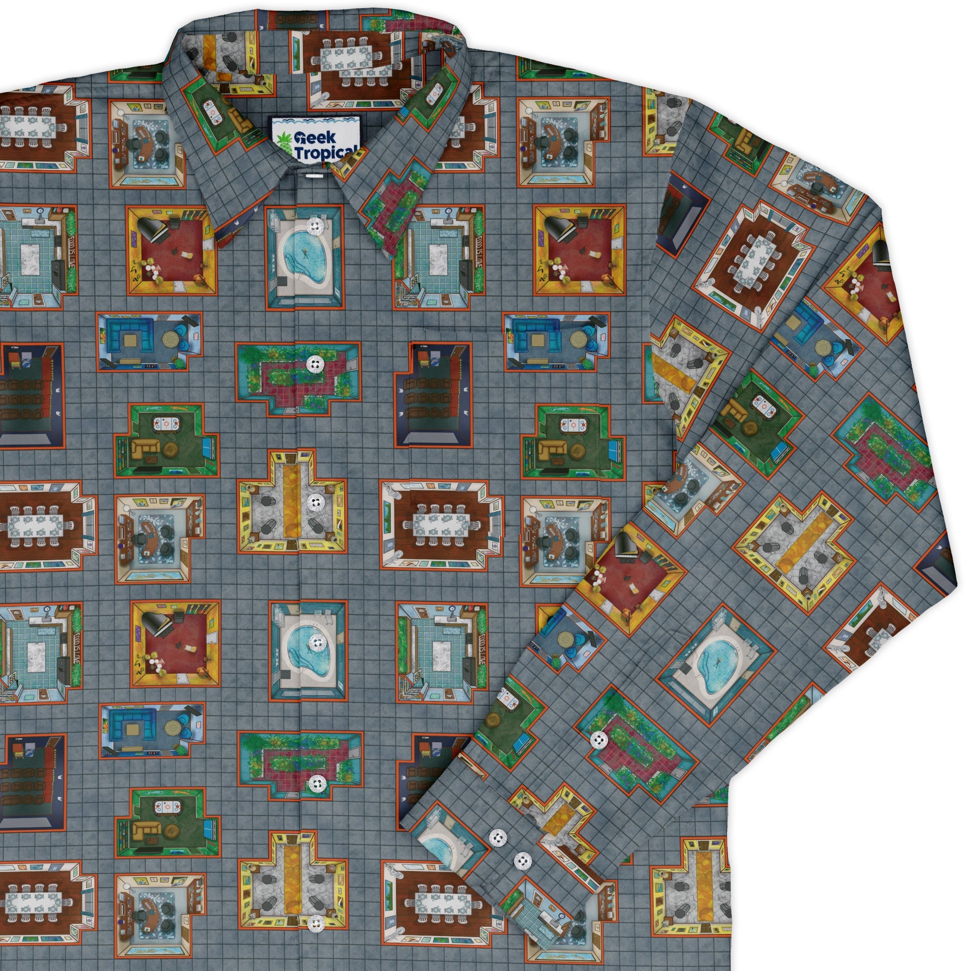 Murder Mystery Board Game Long Sleeve Button Up Shirt Geek Nerd adult sizing board game print Designs by Nathan