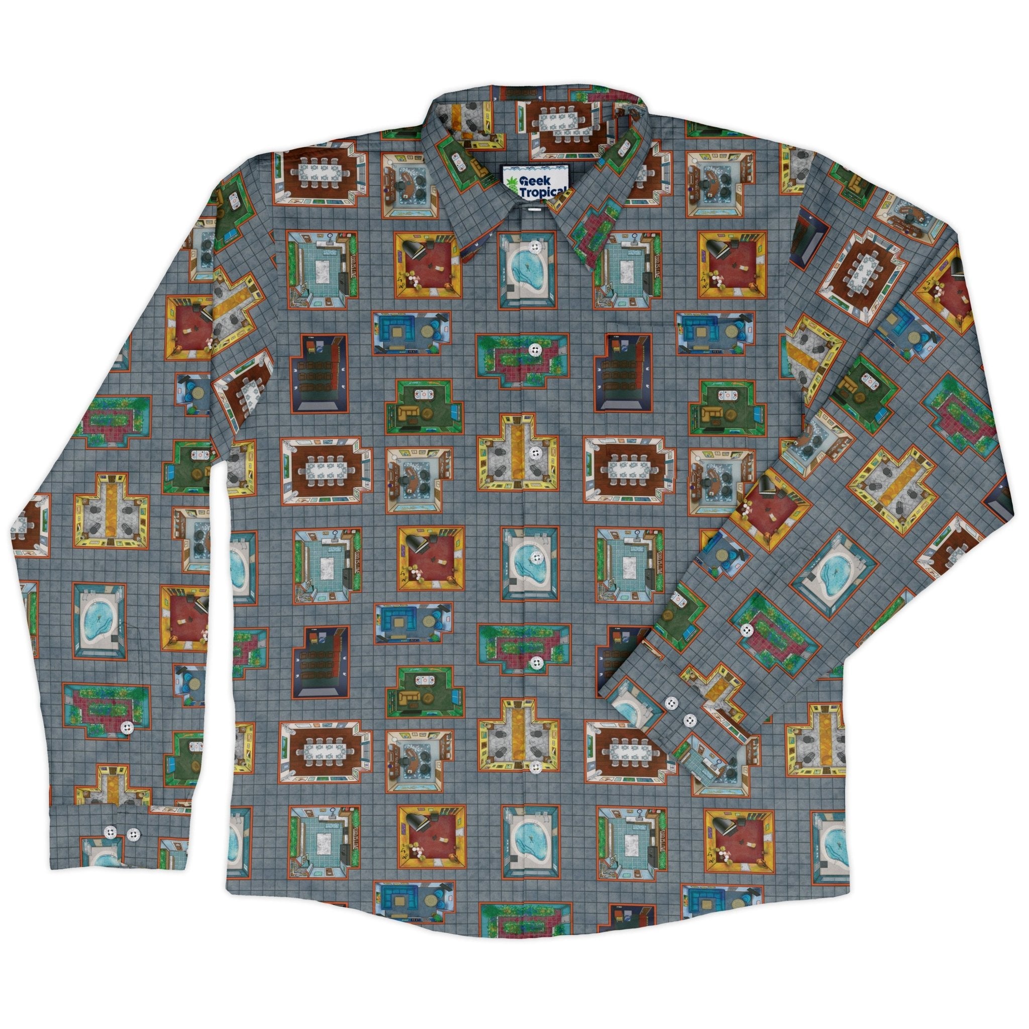 Murder Mystery Board Game Long Sleeve Button Up Shirt Geek Nerd adult sizing board game print Designs by Nathan