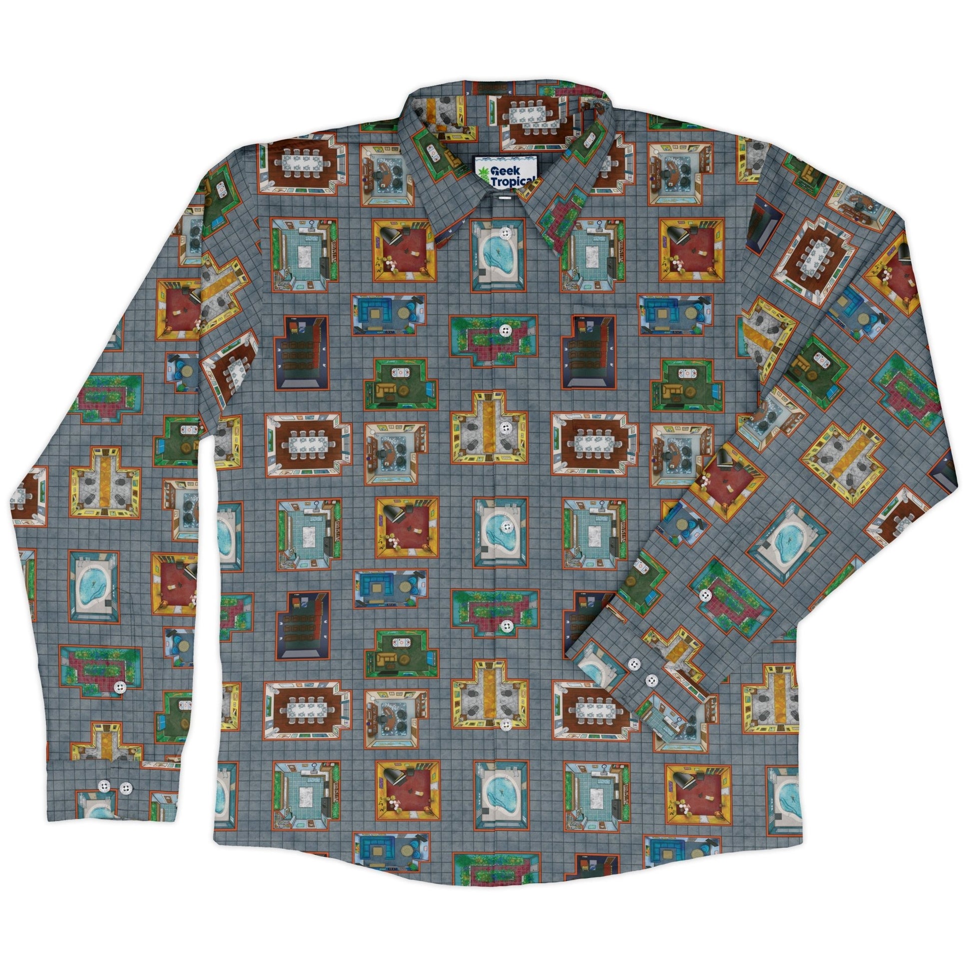Murder Mystery Board Game Long Sleeve Button Up Shirt Geek Nerd adult sizing board game print Designs by Nathan