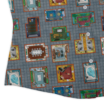 Murder Mystery Board Game Curvy Button Up Shirt Geek Nerd board game print Designs by Nathan women
