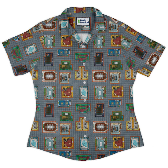 Murder Mystery Board Game Curvy Button Up Shirt Geek Nerd board game print Designs by Nathan women