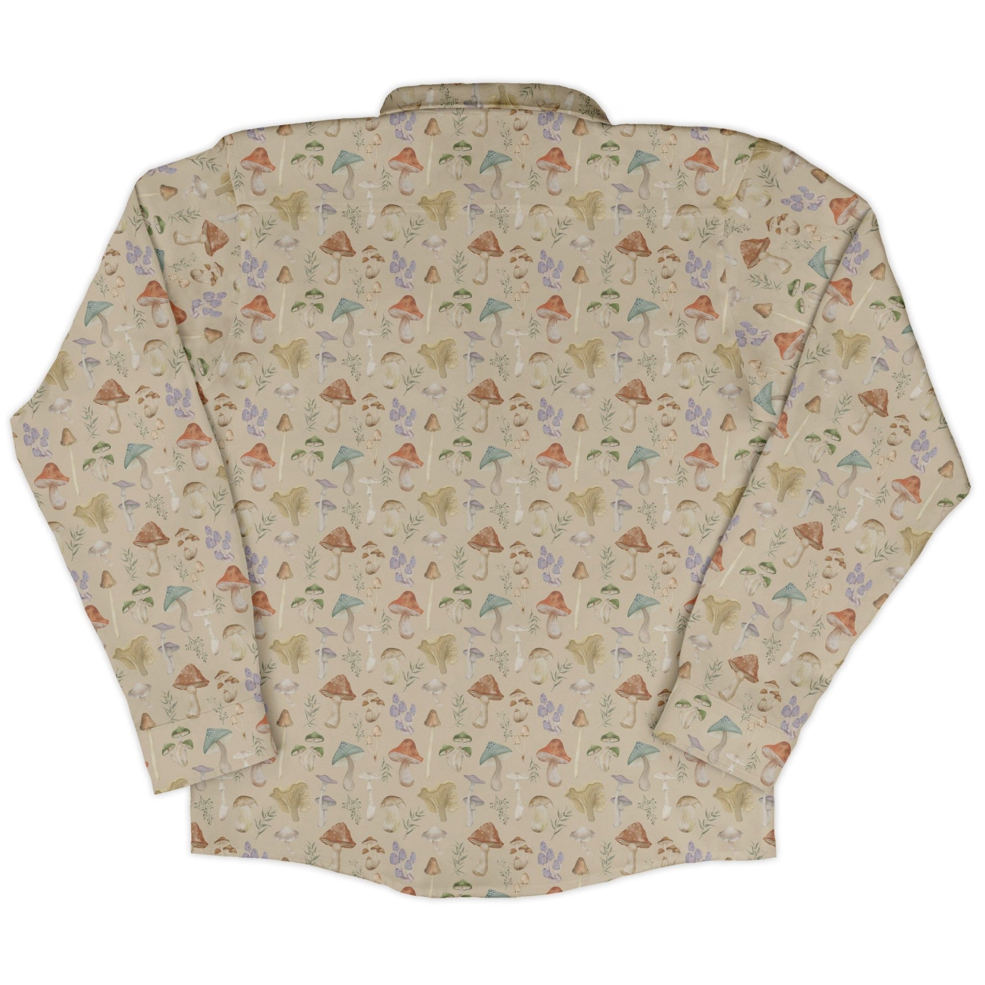 Mushroom Watercolor Long Sleeve Button Up Shirt Geek Nerd adult sizing Botany Print FLOW DESC WRITING
