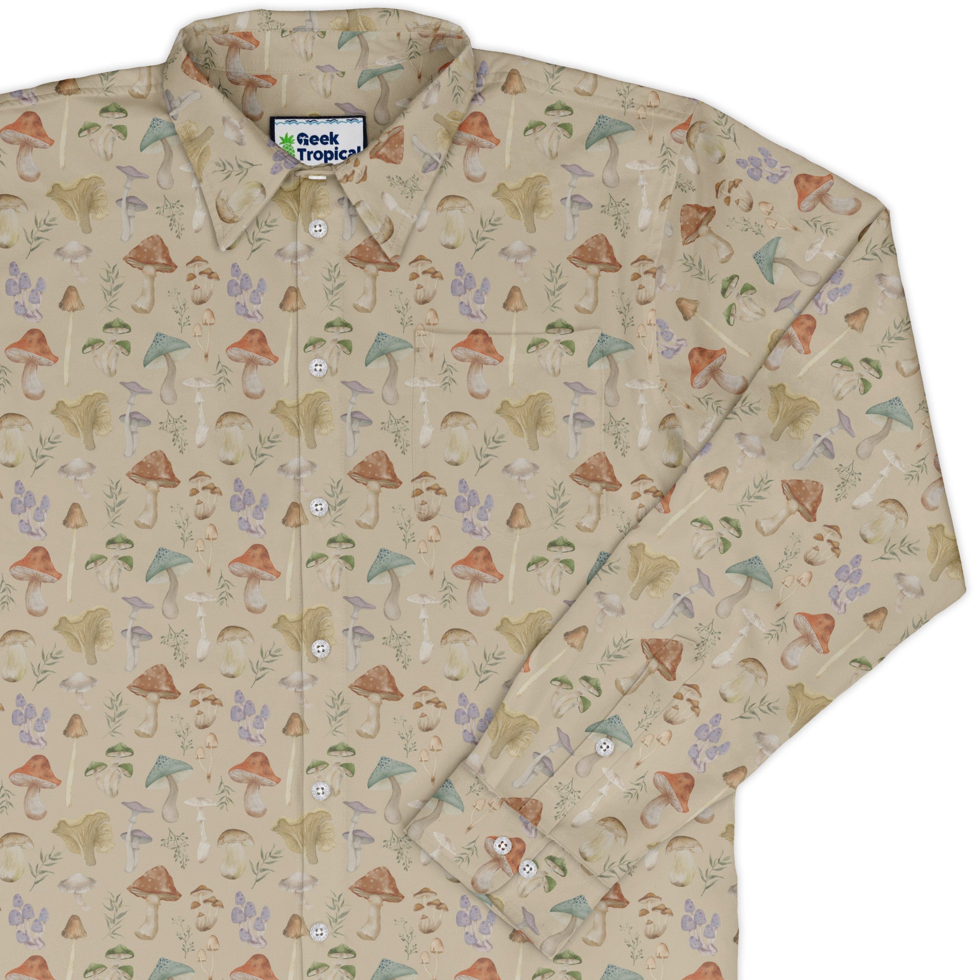 Mushroom Watercolor Long Sleeve Button Up Shirt Geek Nerd adult sizing Botany Print FLOW DESC WRITING