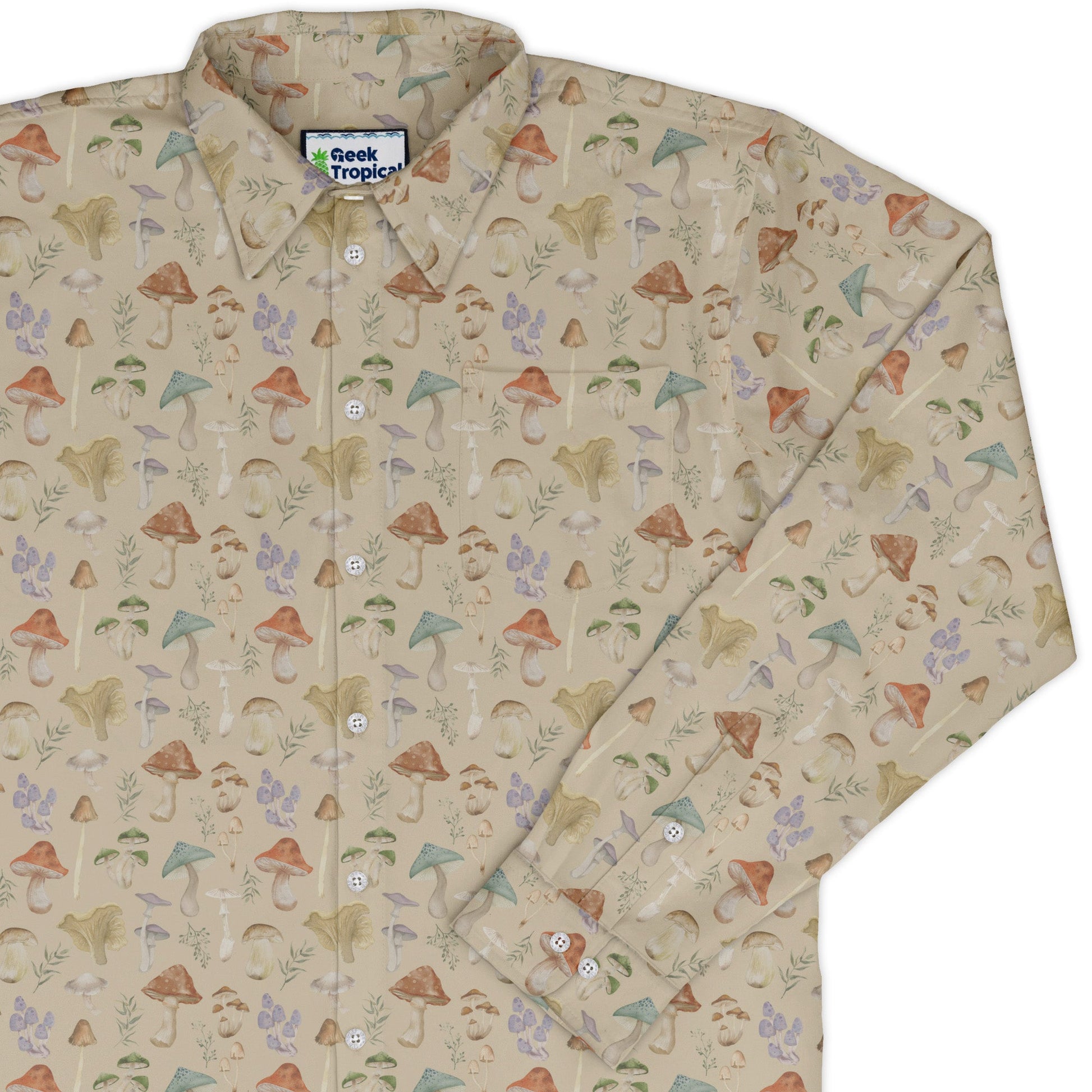 Mushroom Watercolor Long Sleeve Button Up Shirt Geek Nerd adult sizing Botany Print FLOW DESC WRITING