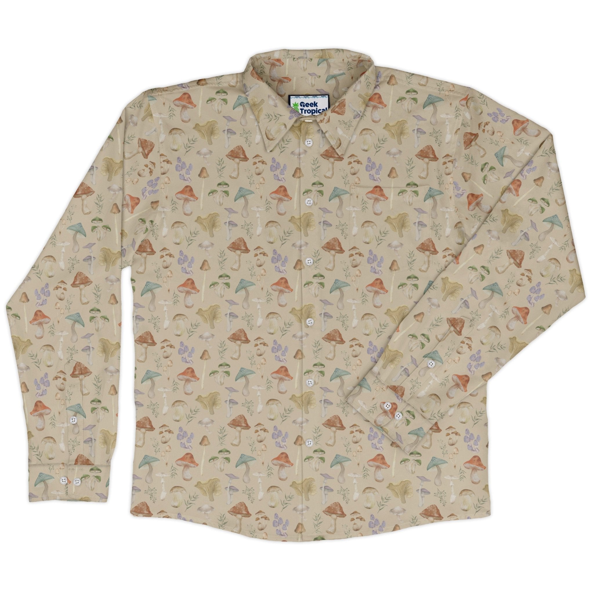 Mushroom Watercolor Long Sleeve Button Up Shirt Geek Nerd adult sizing Botany Print FLOW DESC WRITING