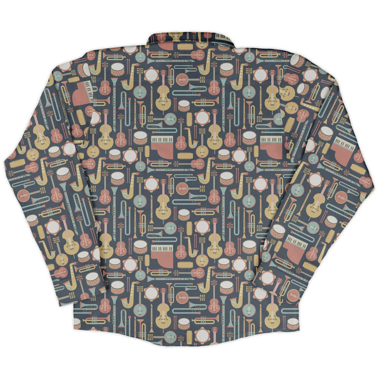 Musical Instruments Long Sleeve Button Up Shirt Geek Nerd adult sizing FLOW DESC WRITING music print