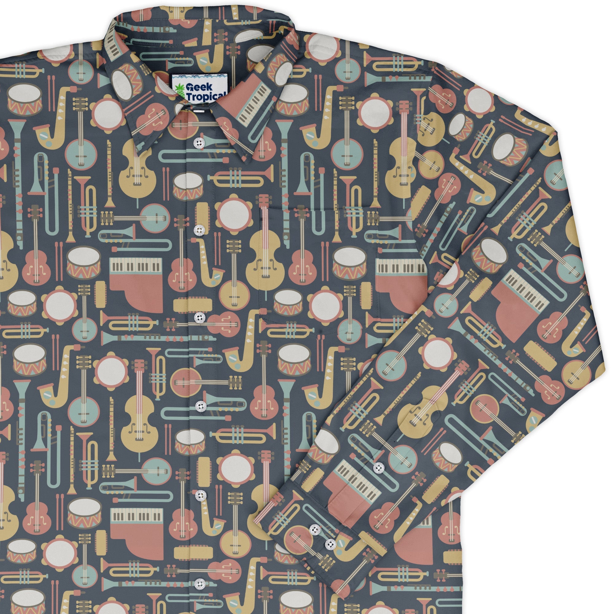 Musical Instruments Long Sleeve Button Up Shirt Geek Nerd adult sizing FLOW DESC WRITING music print