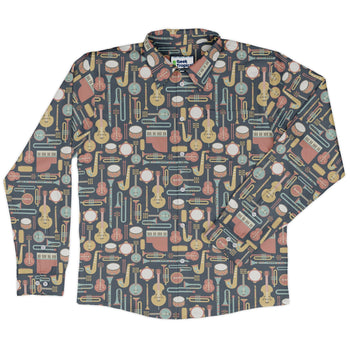 Musical Instruments Long Sleeve Button Up Shirt Geek Nerd adult sizing FLOW DESC WRITING music print