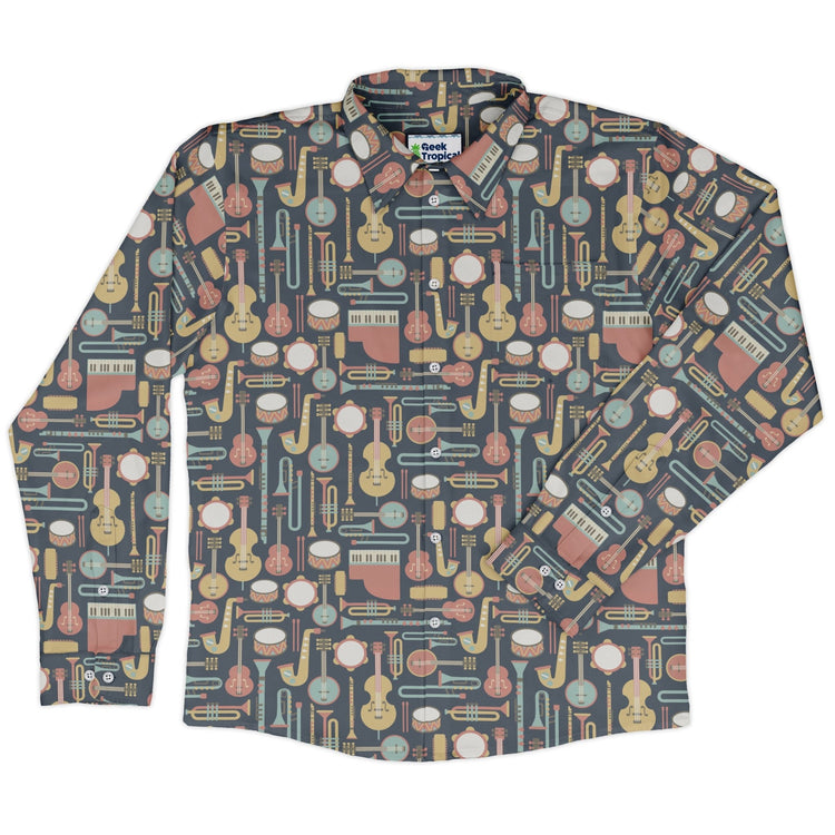 Musical Instruments Long Sleeve Button Up Shirt Geek Nerd adult sizing FLOW DESC WRITING music print