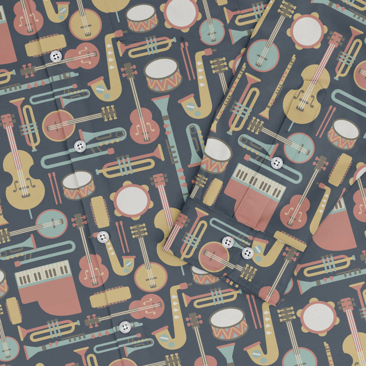 Musical Instruments Long Sleeve Button Up Shirt Geek Nerd adult sizing FLOW DESC WRITING music print
