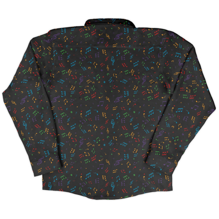 Musical Rainbow Notes Black Long Sleeve Button Up Shirt Geek Nerd adult sizing FLOW DESC WRITING music print
