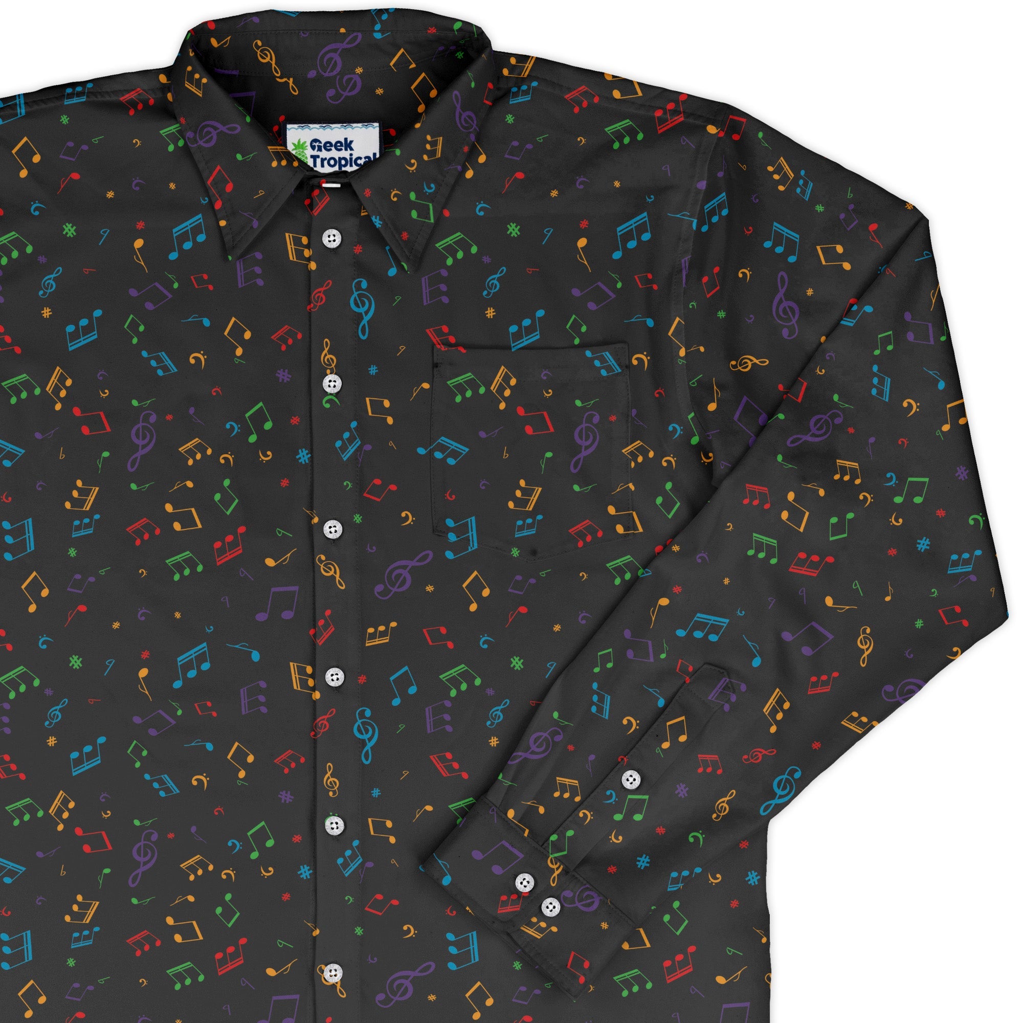 Musical Rainbow Notes Black Long Sleeve Button Up Shirt Geek Nerd adult sizing FLOW DESC WRITING music print