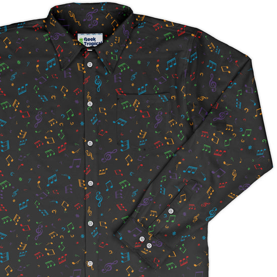 Musical Rainbow Notes Black Long Sleeve Button Up Shirt Geek Nerd adult sizing FLOW DESC WRITING music print