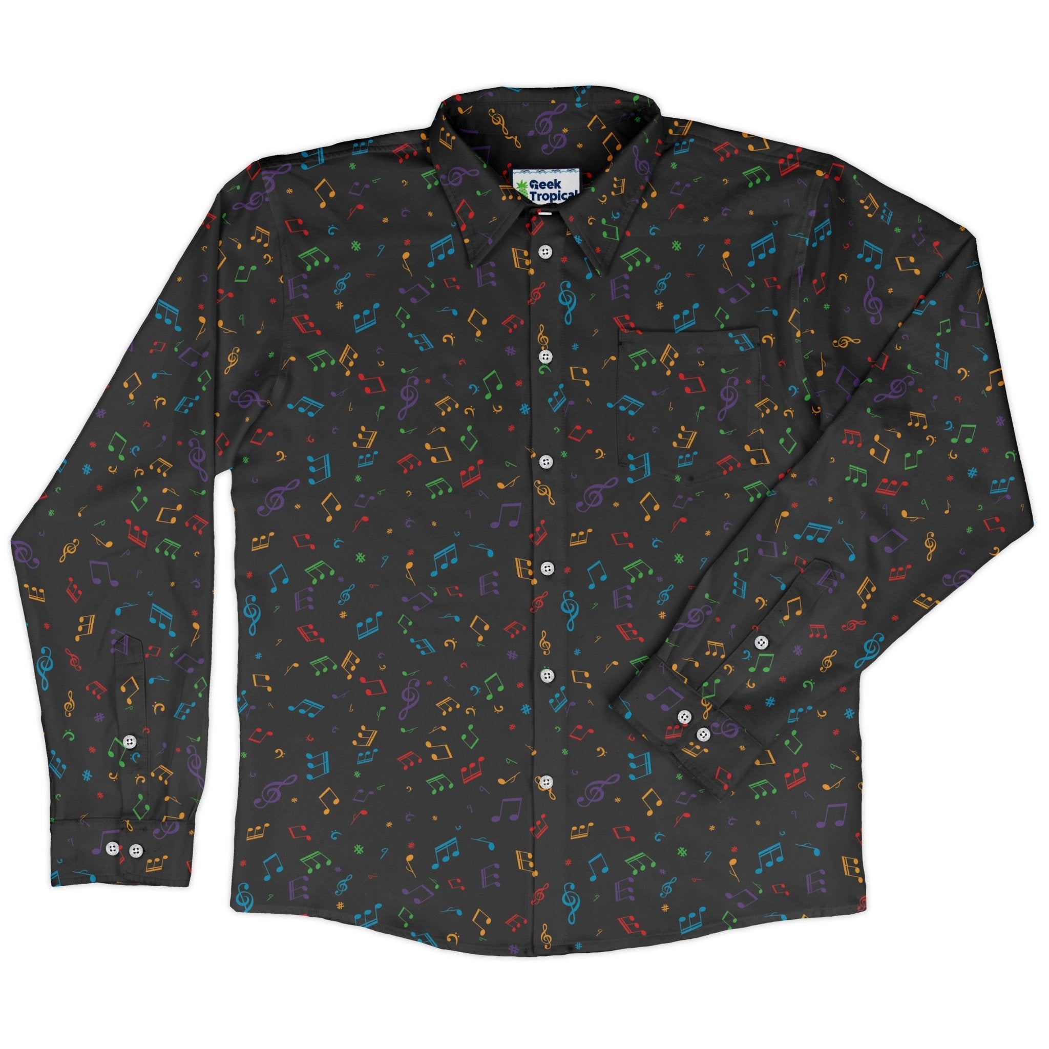 Musical Rainbow Notes Black Long Sleeve Button Up Shirt Geek Nerd adult sizing FLOW DESC WRITING music print