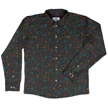 Musical Rainbow Notes Black Long Sleeve Button Up Shirt Geek Nerd adult sizing FLOW DESC WRITING music print