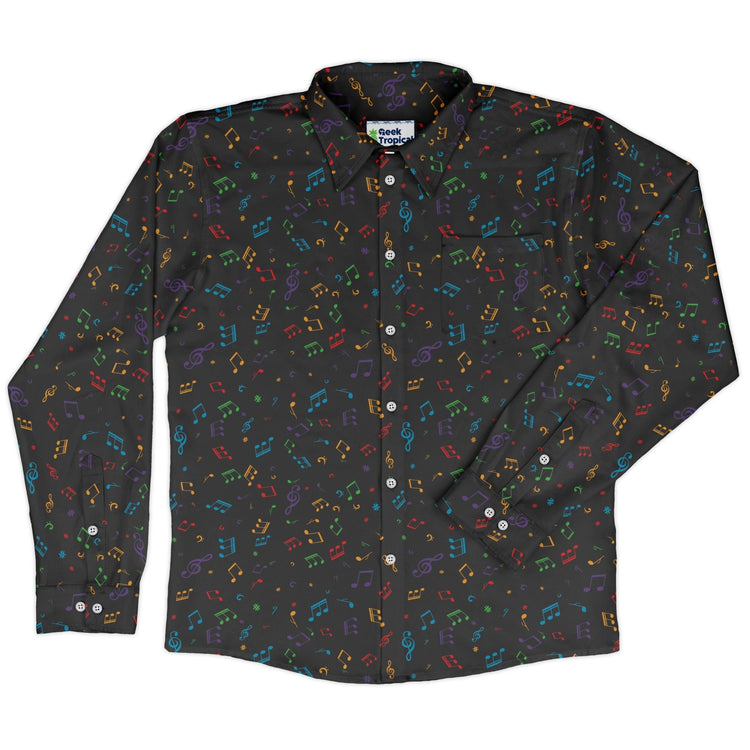 Musical Rainbow Notes Black Long Sleeve Button Up Shirt Geek Nerd adult sizing FLOW DESC WRITING music print