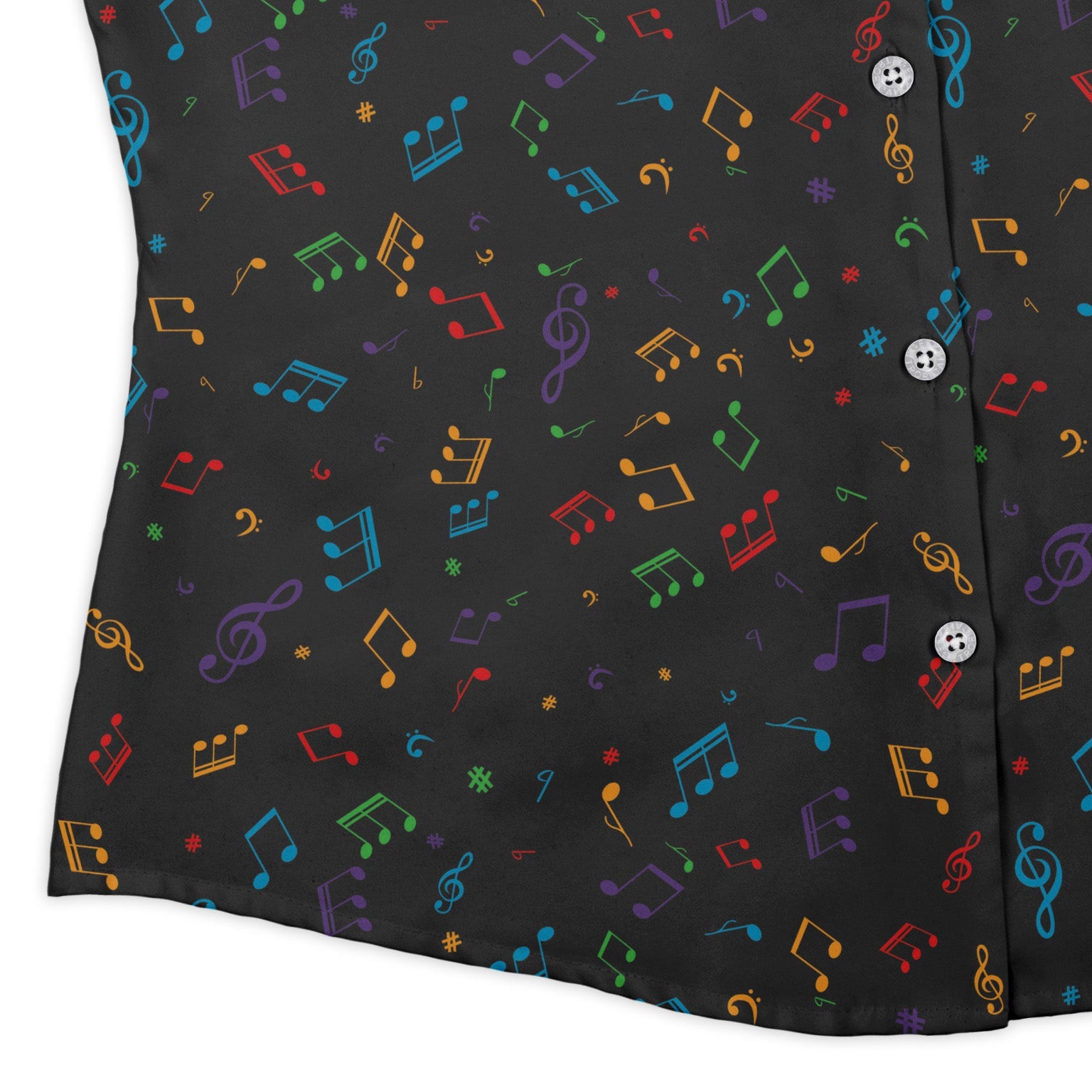 Musical Rainbow Notes Black Curvy Button Up Shirt Geek Nerd music print women