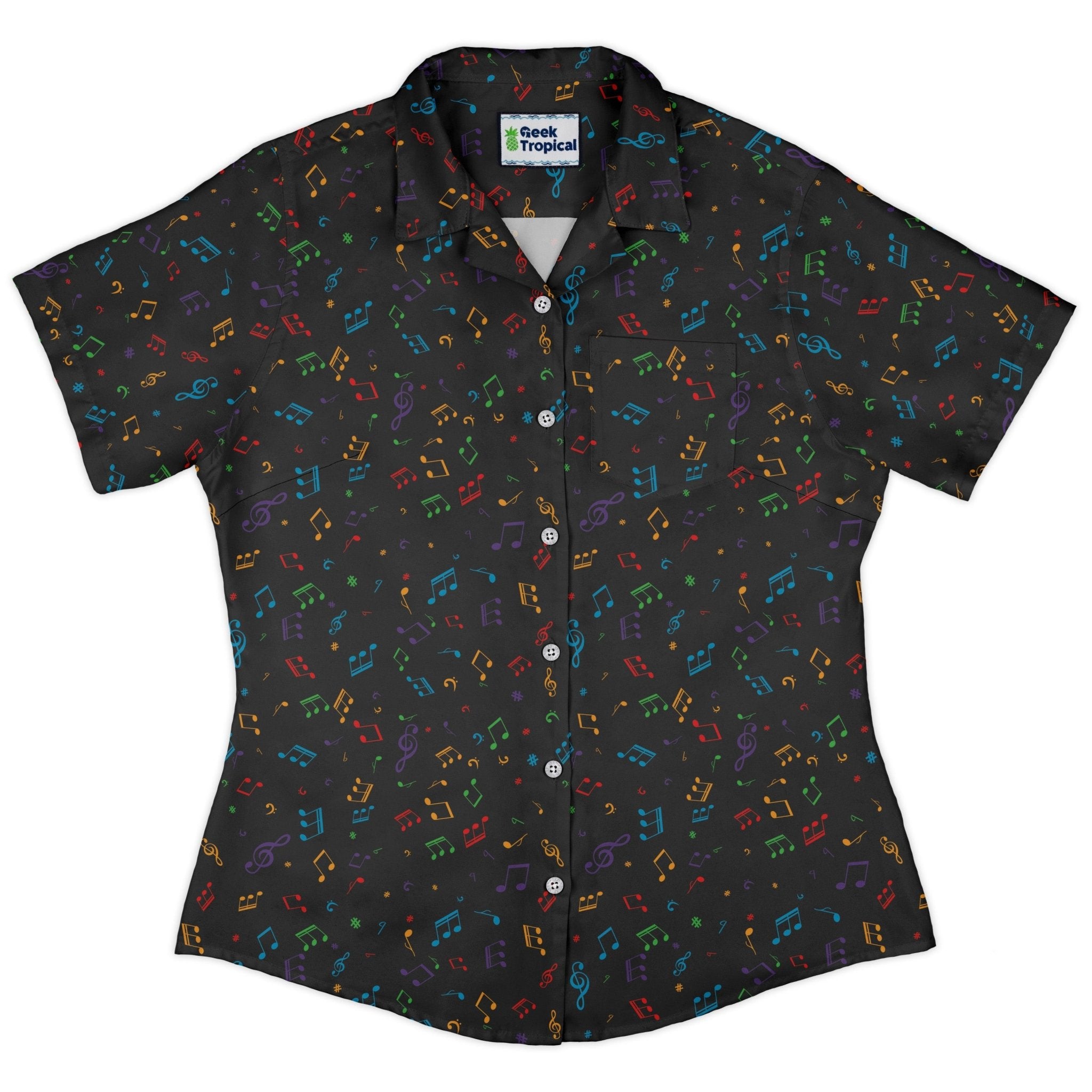 Musical Rainbow Notes Black Curvy Button Up Shirt Geek Nerd music print women