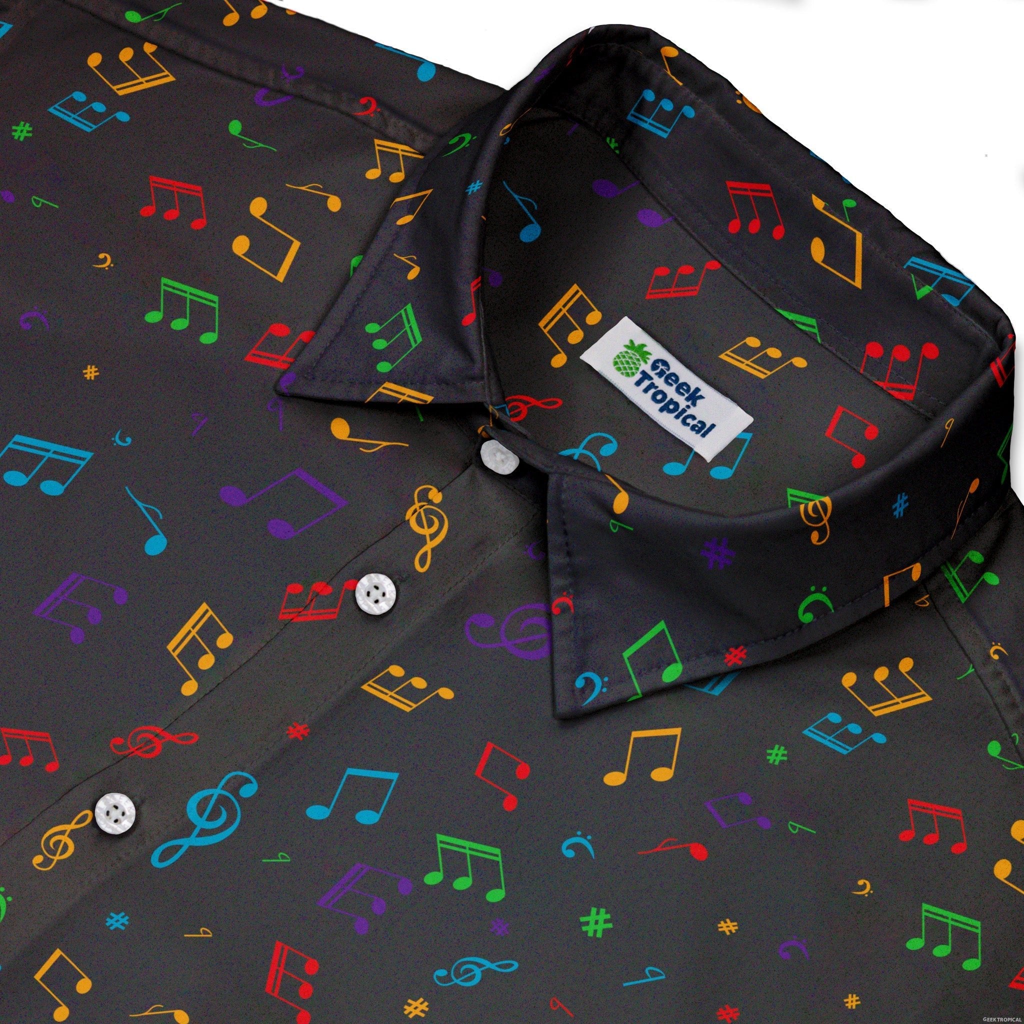 Musical Rainbow Notes Black Button Up Shirt - adult sizing - music print -