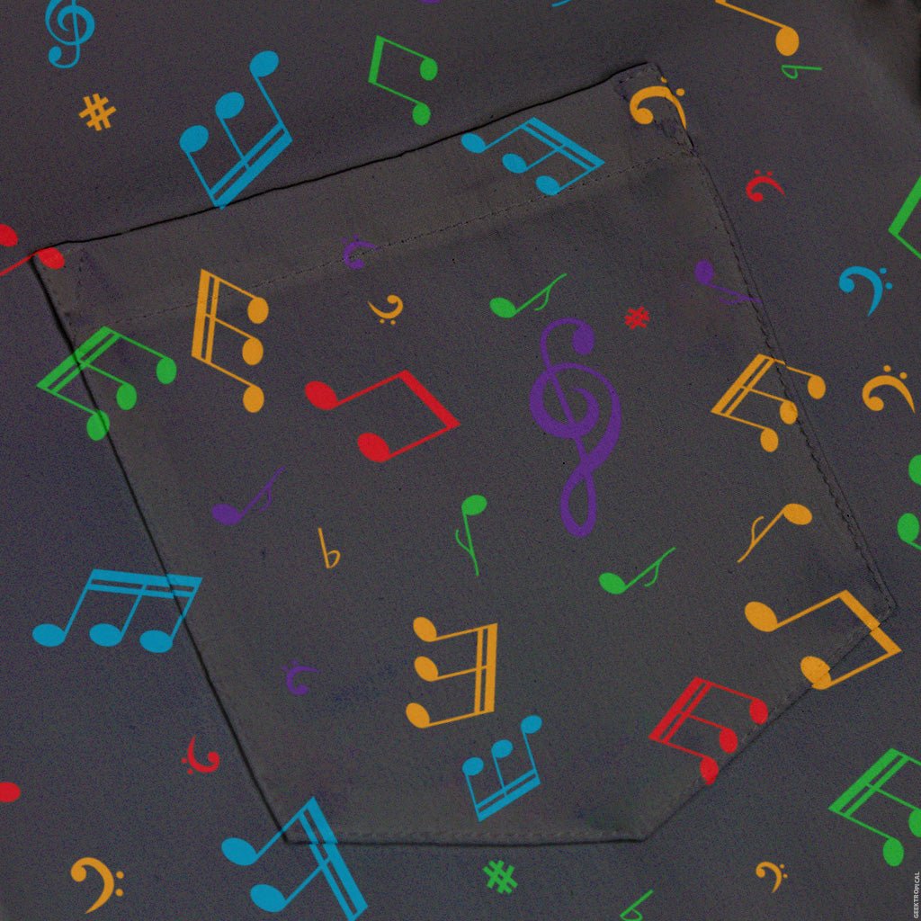 Musical Rainbow Notes Black Button Up Shirt - adult sizing - music print -