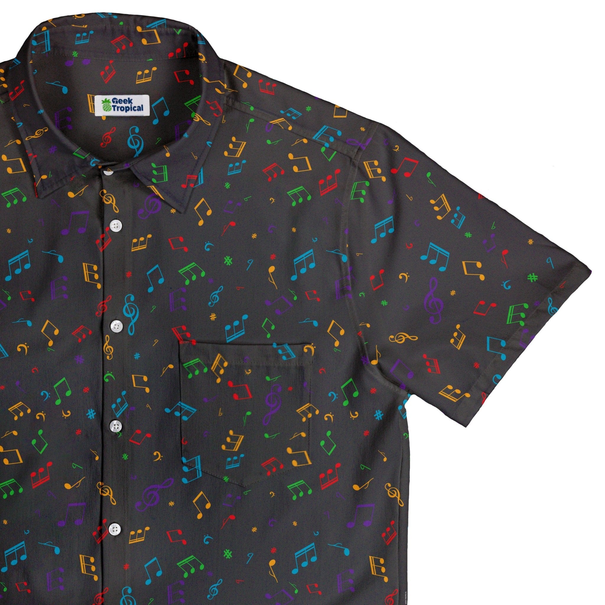 Musical Rainbow Notes Black Button Up Shirt - adult sizing - music print -