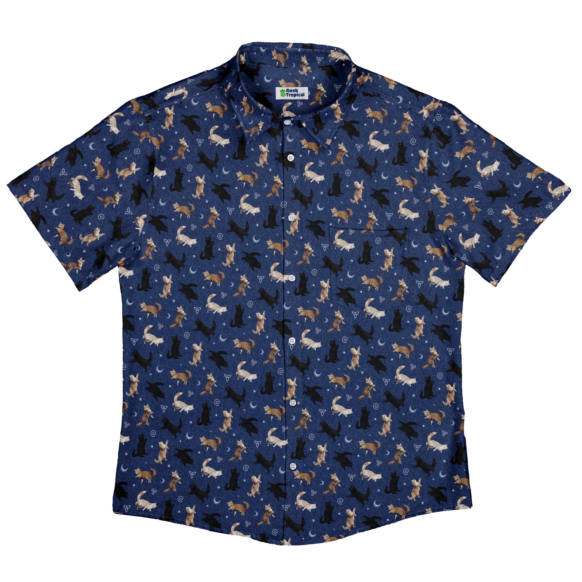 Mystic Cloud Cats Blue Button Up Shirt Flat Front