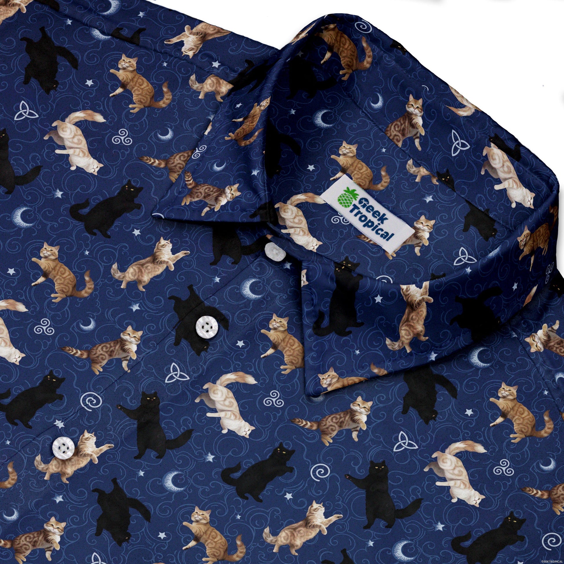 Mystic Cloud Cats Blue Button Up Shirt Neck