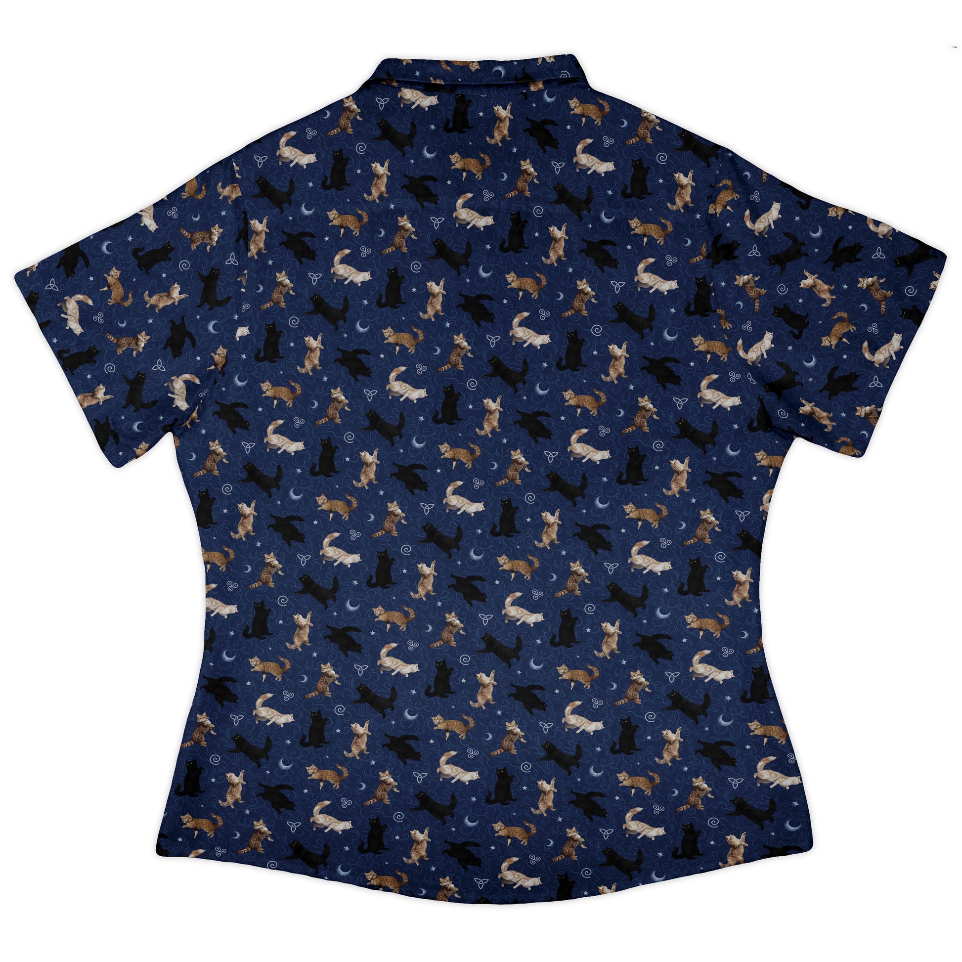 Mystic Cloud Cats Blue Curvy Button Up Shirt womens back